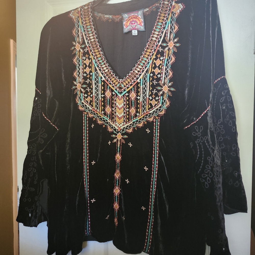 Johnny Was Black Velvet Blouse with Multicolor Embroidery